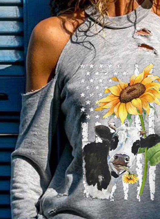 Women's T-shirts Sunflower Cow Flag Cut-out Cold Shoulder T-shirt