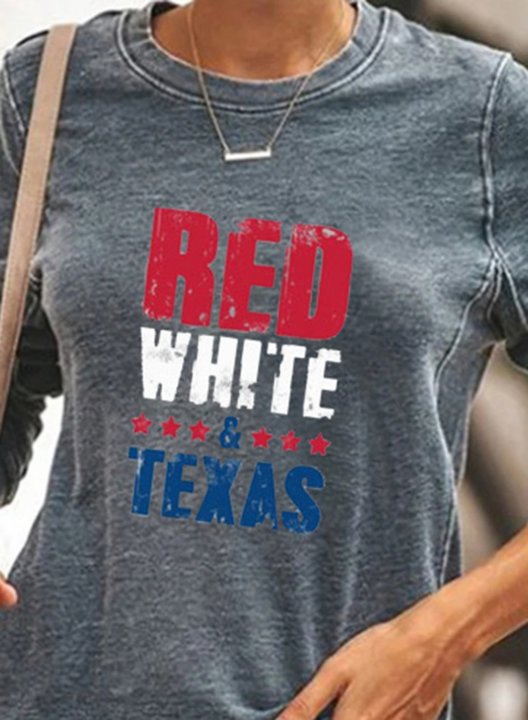 Women's T-shirts Letter Red White & Texas Print Color Block Print Long Sleeve Round Neck Daily T-shirt