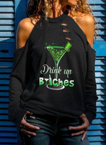 Women's St Patrick's Day Sweatshirt Drink up Bitches Long Sleeve Cold Shoulder Casual T-Shirt