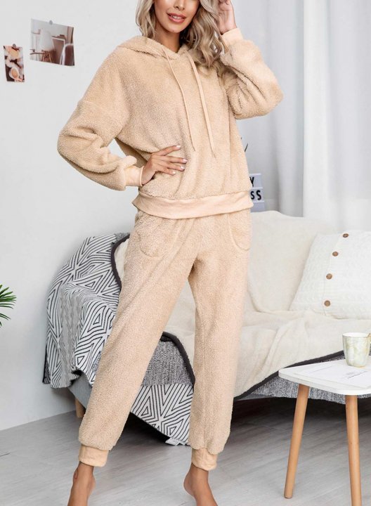 Women's Loungewear Sets Round Neck Long Sleeve Solid Hooded Two-Piece Pajama Sets