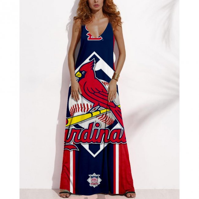 Women's Summer ST. LOUIS CARDINALS Fan Print V-neck Sleeveless Loose Long A-line Dress