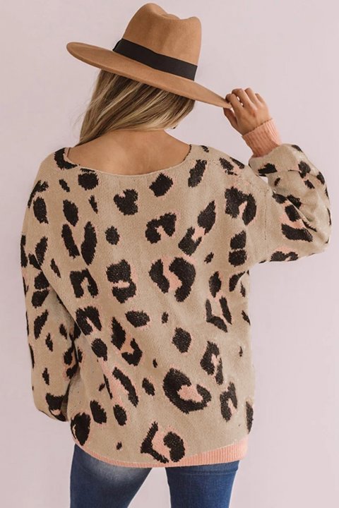 Women's Sweaters V-neck Leopard Print Puff Sleeve Sweaters