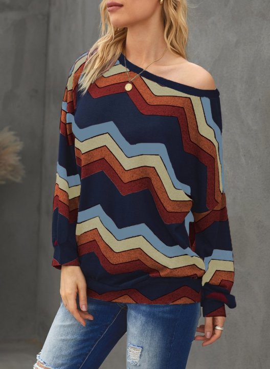 One shoulder Solid Long Sleeve Striped Loose Sweatshirt