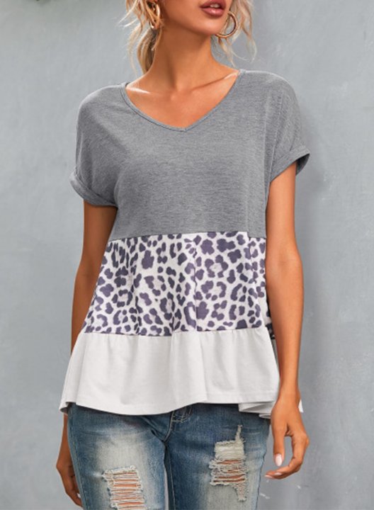 Women's T-shirts Letter Leopard Color Block V Neck Short Sleeve Casual Daily Ruffle T-shirts