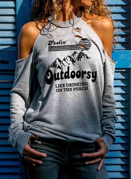 Solid Letter Print Crew Neck Cold Shoulder Sweatshirt