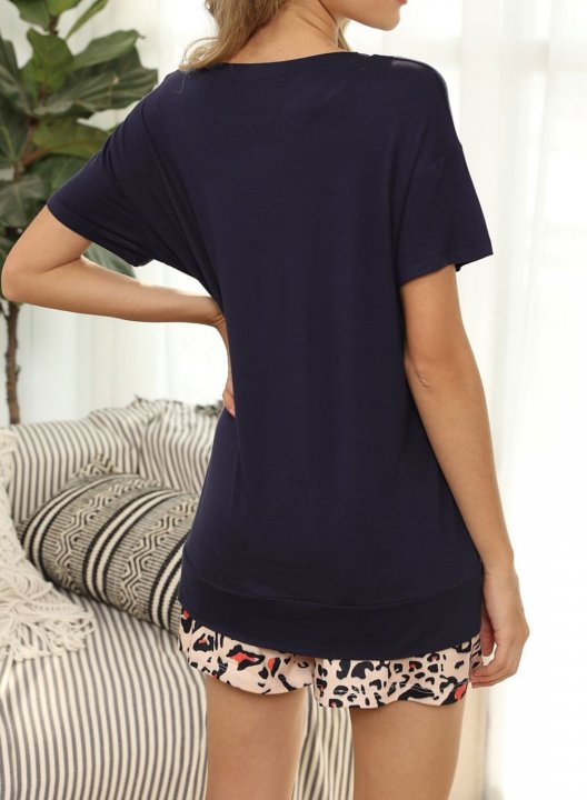 Women's Loungewear Sets Leopard Short Sleeve Round Neck Casual Pocket Drawstring Loungewear Sets