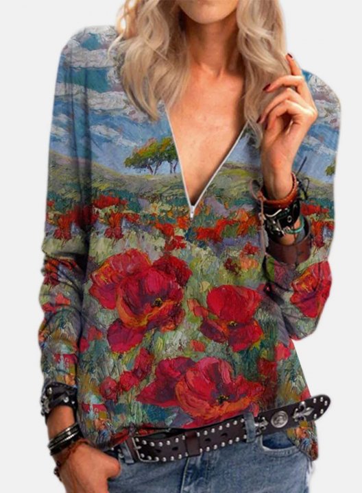 Women's Pullovers Floral Color-block Long Sleeve V Neck Daily Pullover