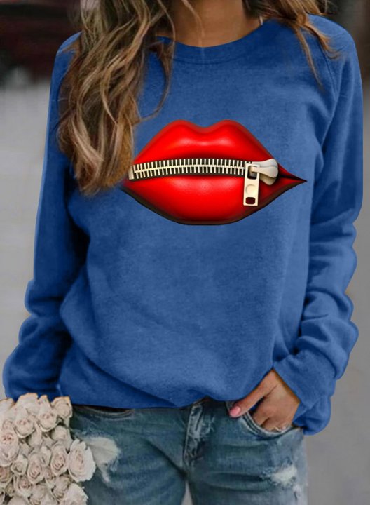 Lips Print Round Neck Long Sleeve Casual Sweatshirt