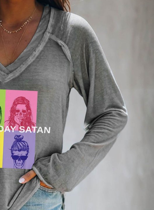 Women's Not Today Satan Graphic T-shirts Color Block Portrait Print Long Sleeve V Neck Daily T-shirt