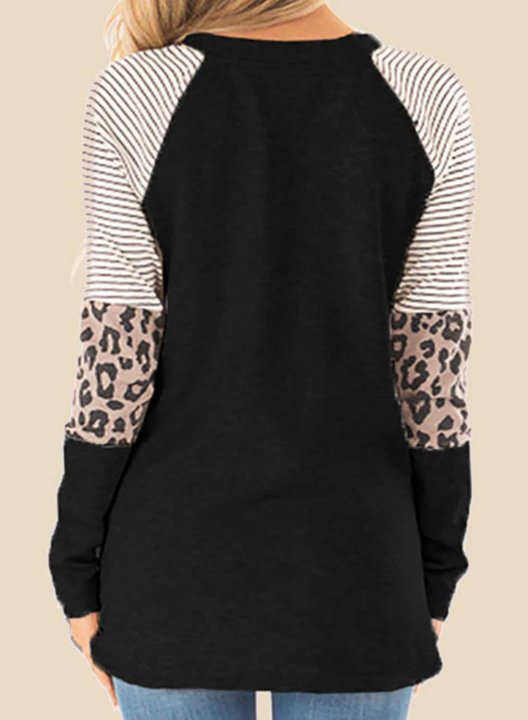 Women's T-shirts Color Block Leopard Print Long Sleeve Round Neck Daily T-shirt