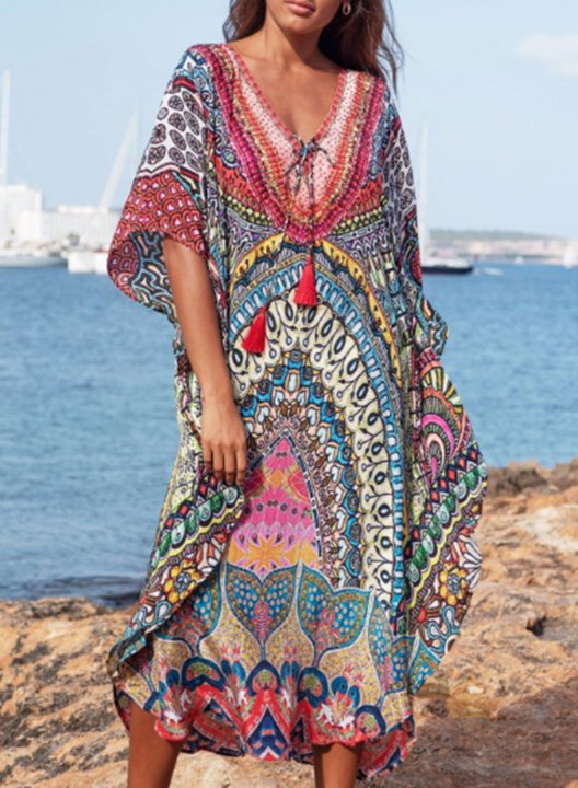 Women's Maxi Dresses Drawstring Shift Tribal Half Sleeve V Neck Boho Beach Maxi Dress