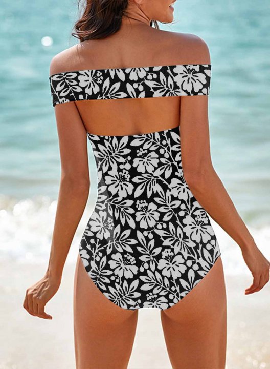 Women's One Piece Swimwear Floral Color Block Off Shoulder 1 Piece Swimsuit