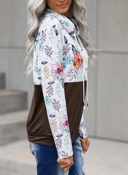 Color Block Long Sleeve High Neck Floral Sweatshirt