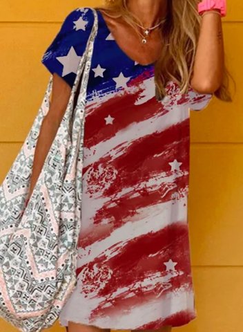 Women's American Flag Mini Dress Shift Short Sleeve V Neck Casual Daily Mini Dress
