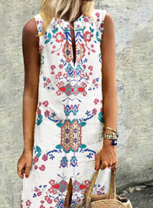 Women's Maxi Dresses Floral Sleeveless Crew Neck A-line Split Boho Maxi Dress