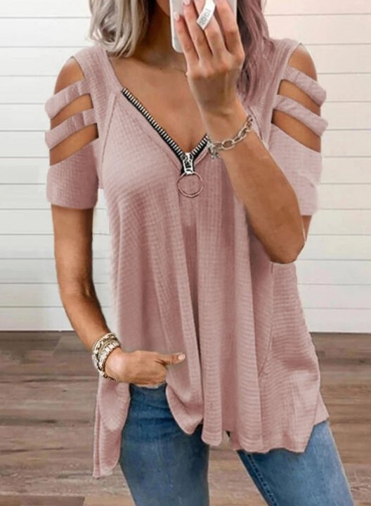 Women's Tunic Tops Solid Cold Shoulder Zip-up Cut-out Short Sleeve V Neck Casual Daily Tunic Tops