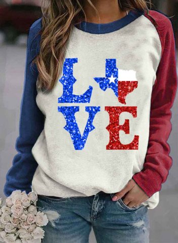 Women's Texas independence day Sweatshirts Letter Love Texas Flag Print Long Sleeve Round Neck Casual Sweatshirt