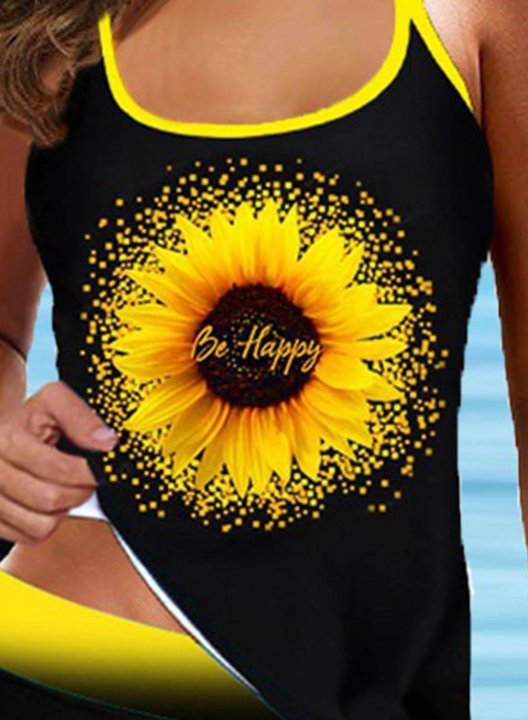 Women's Tankini Sets Sunflower Floral Print U Neck Criss Cross Halter Back Tankini Top With Swim Boardshorts Bottom