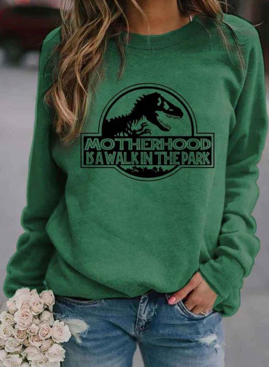 Women Solid Dinosaur Letter Print Casual Sweatshirt