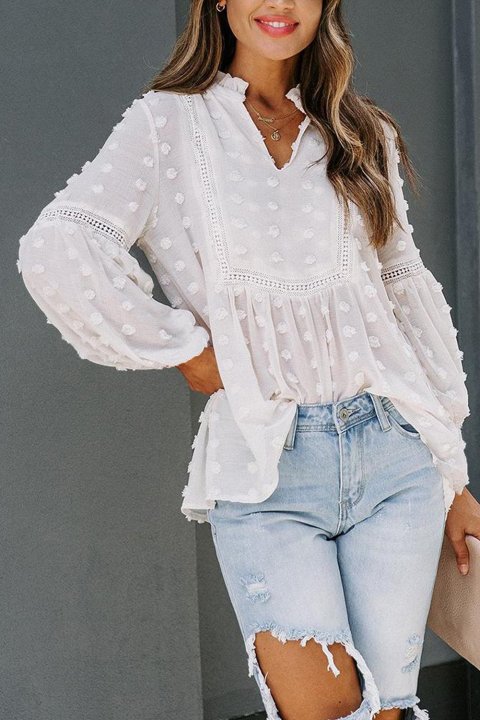 Ruffled Split Neck Lace Hollow Out Puff Sleeve Polka Dot Blouse