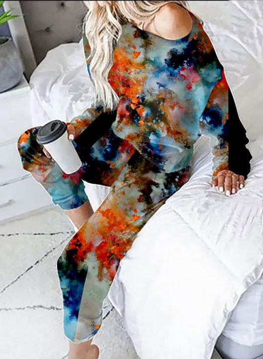 Women's Loungewear Sets Multicolor Tiedye Long Sleeve Round Neck Casual Vintage Loungewear Sets