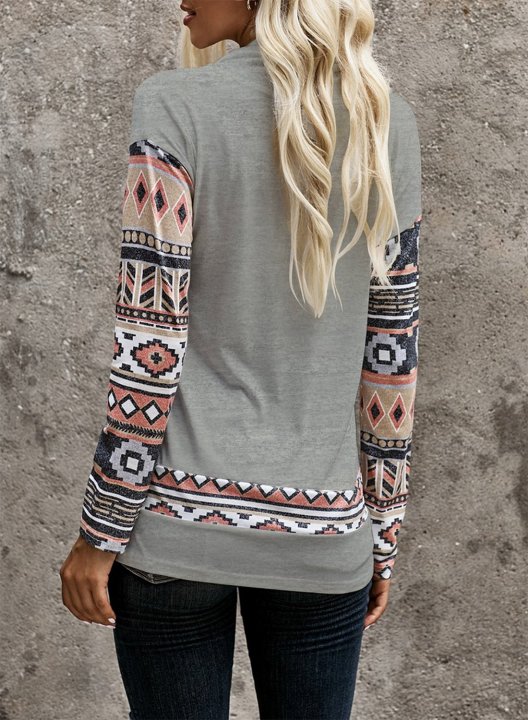 Color Block Long Sleeve Tribal Button Sweatshirt