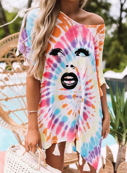 Women's Swimwear Cover Ups Abstract Portrait Tie dye Asymmetrical Short Sleeve Summer Beach Cover Ups