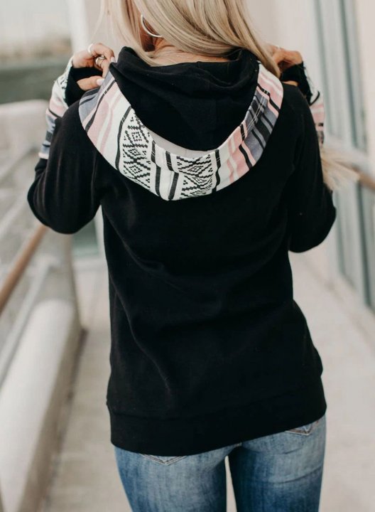 Long Sleeve Color Block Casual Hoodie