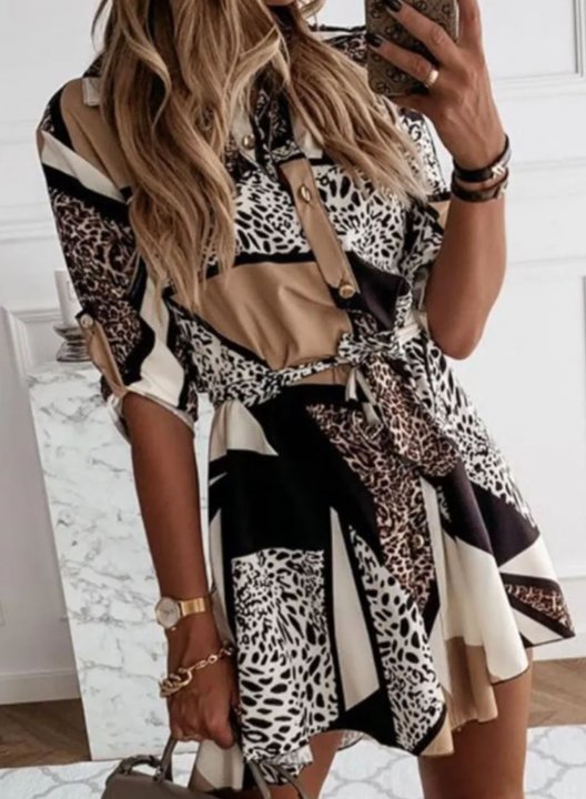 Women's Mini Dresses Leopard Belted Button-up Shirt Dress