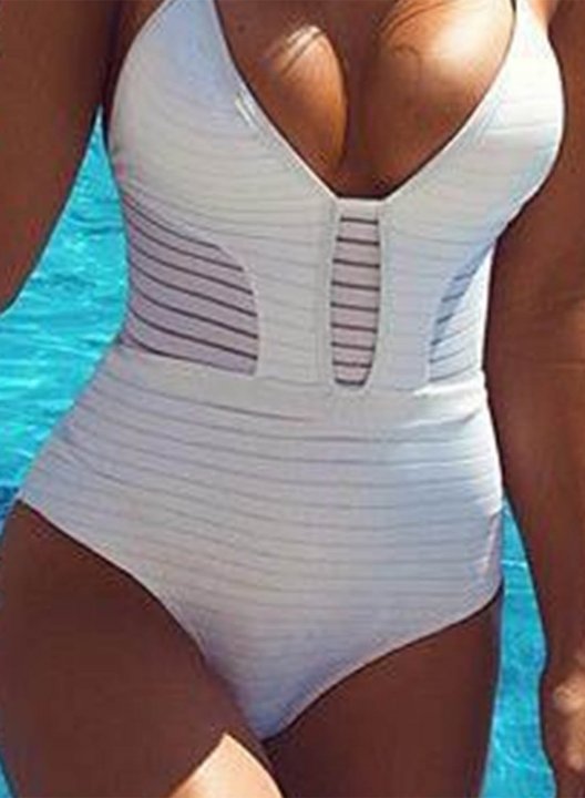 Women's One-Piece Bathing Suits Mesh Solid Halter Casual One-Piece Swimsuit