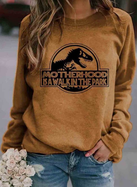 Women Solid Dinosaur Letter Print Casual Sweatshirt