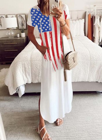 Women's Maxi Dresses Shift American Flag Short Sleeve V Neck Summer Long Dress