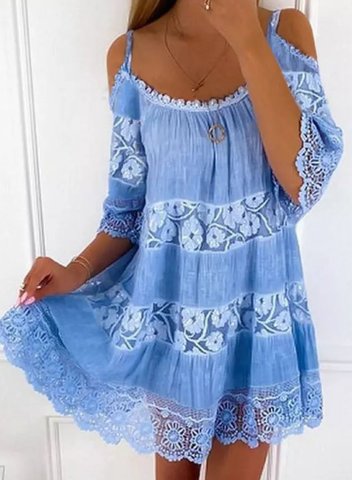 Women's Mini Dresses Cold Shoulder Lace Spaghetti Half Sleeve Boho Dress