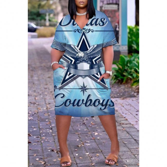 Dallas Cowboys Print Fashion Casual V Neck Short Sleeve Dress