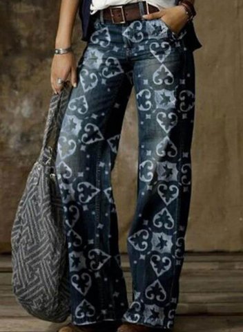 Women's Vintage Ethnic Style Jeans Straight Tribal Mid Waist Daily Full Length Casual Palazzo Jeans