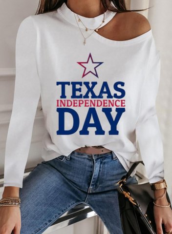 Women's Texas Independence Day Sweatshirt Letter Cold Shoulder Long Sleeve Round Neck Casual Sweatshirt