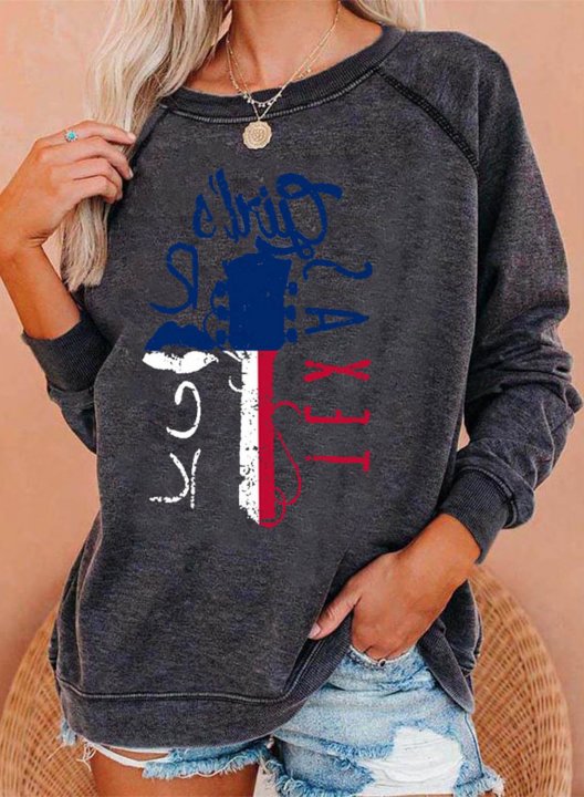 Women's country music Style Sweatshirts Letter Color Block Print Long Sleeve Round Neck Casual Sweatshirt