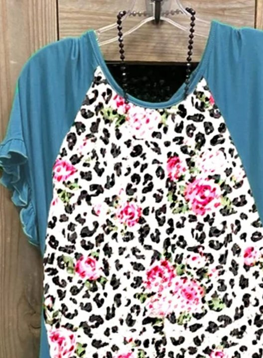 Women's Blouses Color Block Leopard Floral Short Sleeve Round Neck Blouse