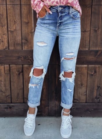 Women's Jeans Slim Solid Mid Waist Daily Ankle-length Casual Ripped Jeans