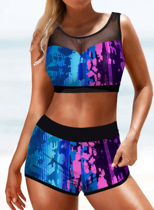 Women's Bikinis Mid Waist Color Block Mesh Padded U Neck Basic Beach Bikini Bathing Suits