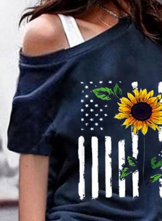 Women's T-shirts Sunflower American Flag Cold Shoulder T-shirt