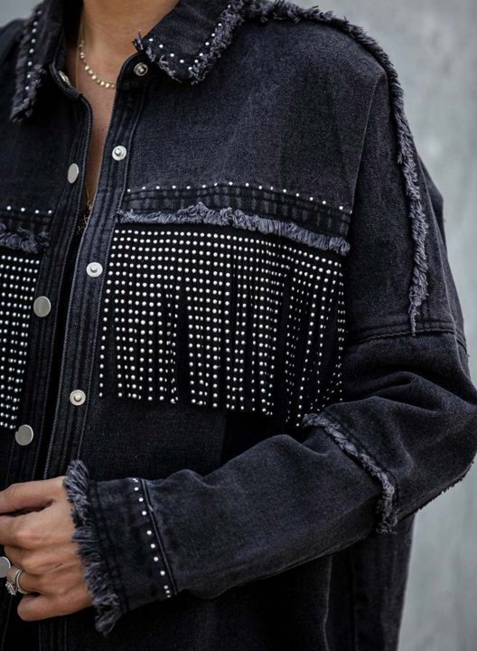 Women's Jackets Solid Long Sleeve Turn Down Collar Fringed Denim Jacket