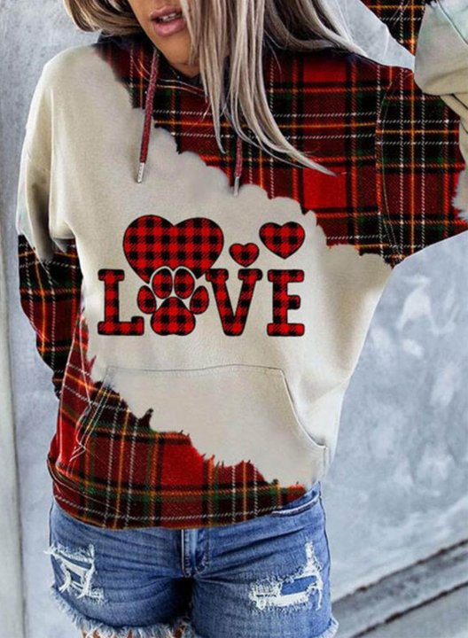 Women's Sweatshirt Plaid Heart & Love Print Hooded Sweatshirt