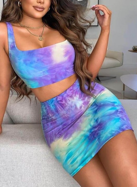 Women's Skirts Sets Color Block Tiedye Sleeveless Spaghetti Cropped 2-piece Mini Skirt Set