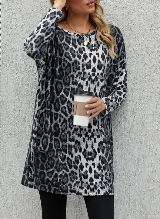 Leopard Round Neck Long Sleeve Tunic Sweatshirt