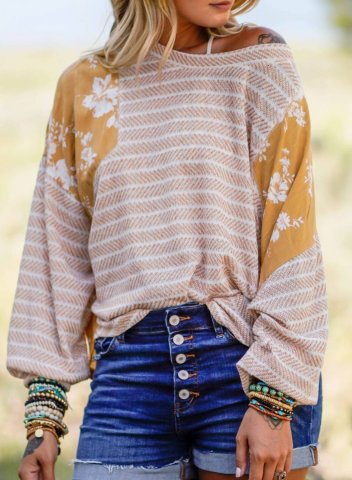 Floral Long Sleeve Round Neck Color Block Sweatshirt