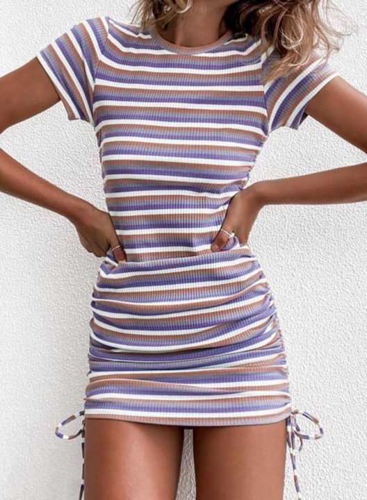 Women's Mini Dress Striped Color Block Bodycon Round Neck Short Sleeve Drawstring Daily Casual Spring Mini Dress