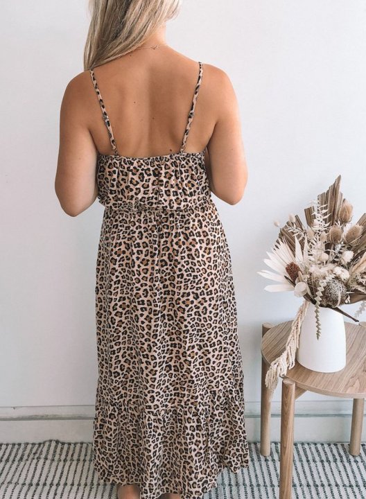 Women's Maxi Dresses Ruffle Leopard Spaghetti V Neck Dress