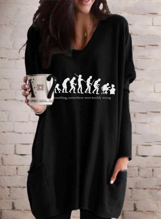 Women's Tunic Tops Bigfoot Print Solid V Neck Pocket Long Sleeve Daily Casual Tunics