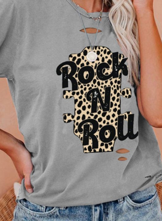 Women's Rock & Roll T-shirts Leopard Letter Print Short Sleeve Round Neck Daily Basic T-shirt